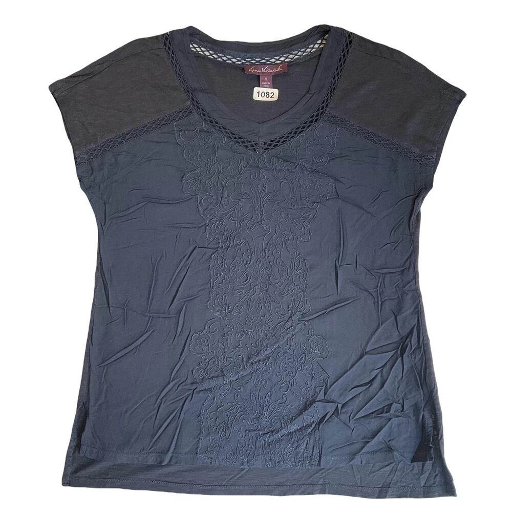 Gloria Vanderbilt Women Shirt S Navy Lace Embroidered V-Neck Pullover
